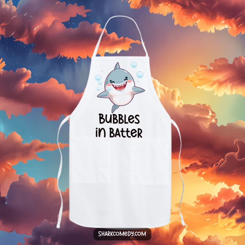 Funny Apron with a joyful shark blowing bubbles, ideal for a fun cooking experience.