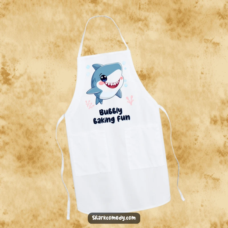 Funny smiling shark character, blowing bubbles underwater with wide, happy eyes, featured on a kitchen apron for a bubbly cooking experience.