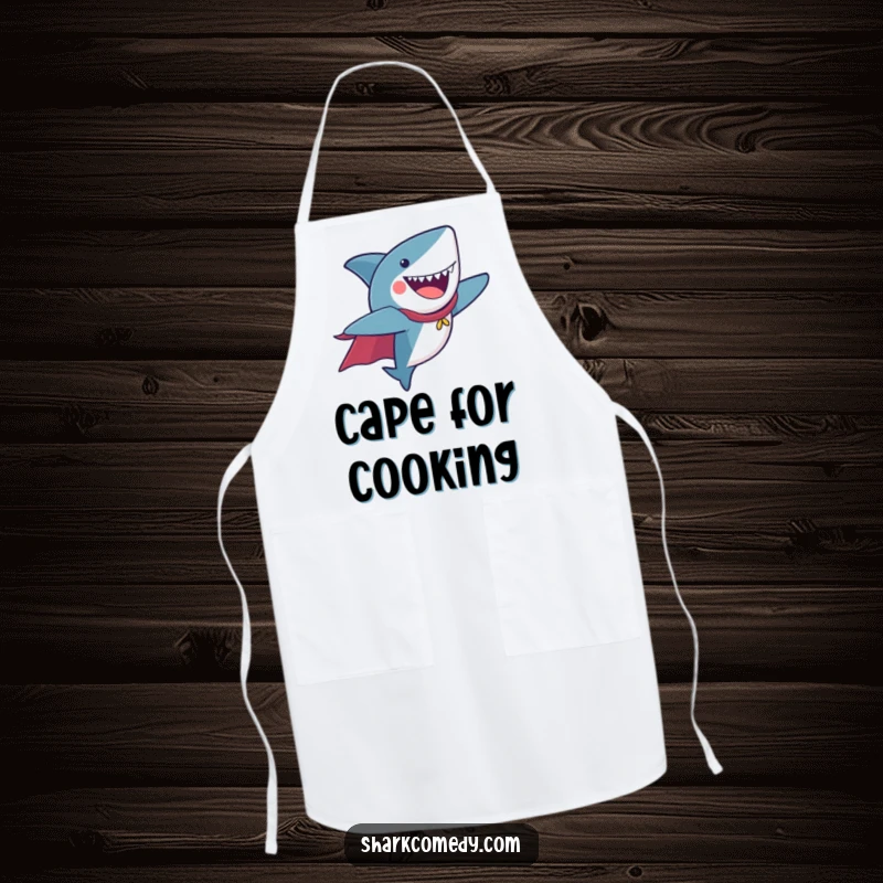 Funny Apron featuring a shark wearing a cape, flying joyfully, ideal for kitchen adventures.