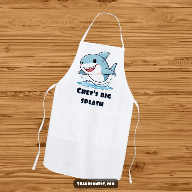 Funny shark apron showing a small character with an oversized head, joyfully leaping out of the water, ideal for kitchen activities with a humorous theme.