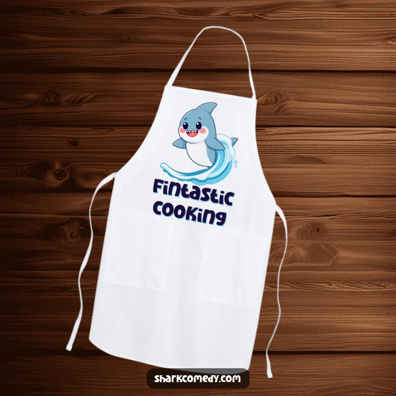 Funny Kawaii Shark Apron: A shark happily surfing a wave, ready for kitchen fun.