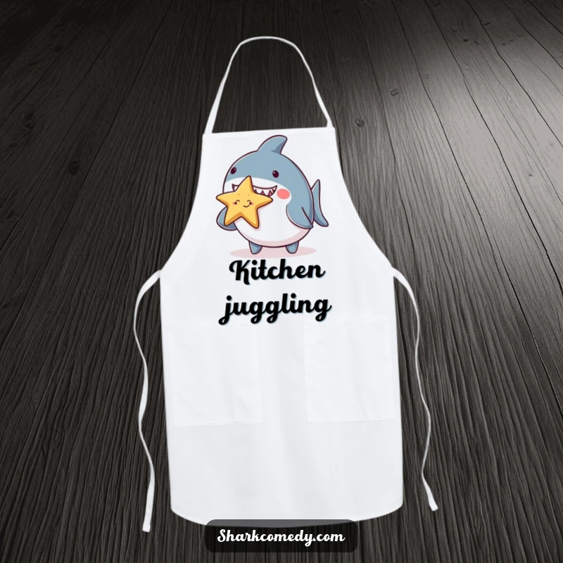 Funny chubby shark character apron, balancing a tiny smiling starfish on its nose, a cute and humorous kitchen accessory for culinary creators.