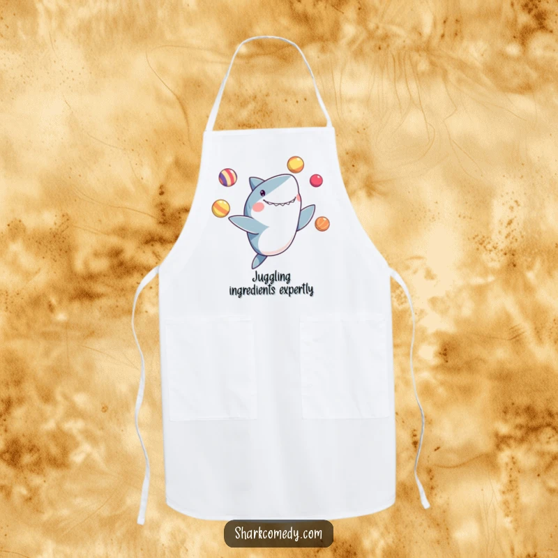 Funny apron featuring a shark delightedly juggling colorful balls with its fins, adding theater to cooking.