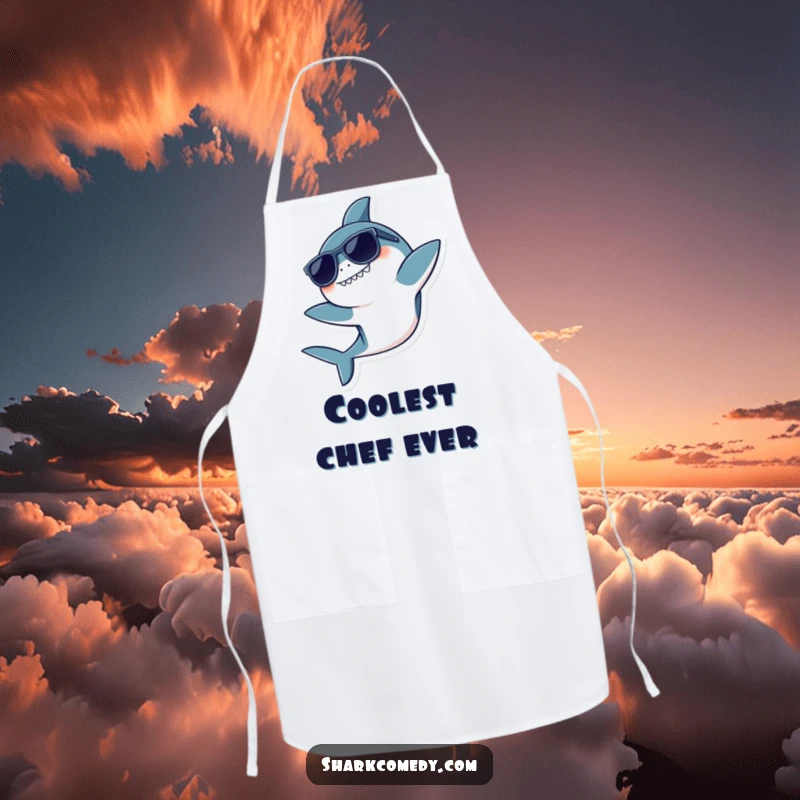 Funny apron showcasing a kawaii shark wearing sunglasses, doing a playful flip, ideal for a cool and fun kitchen.