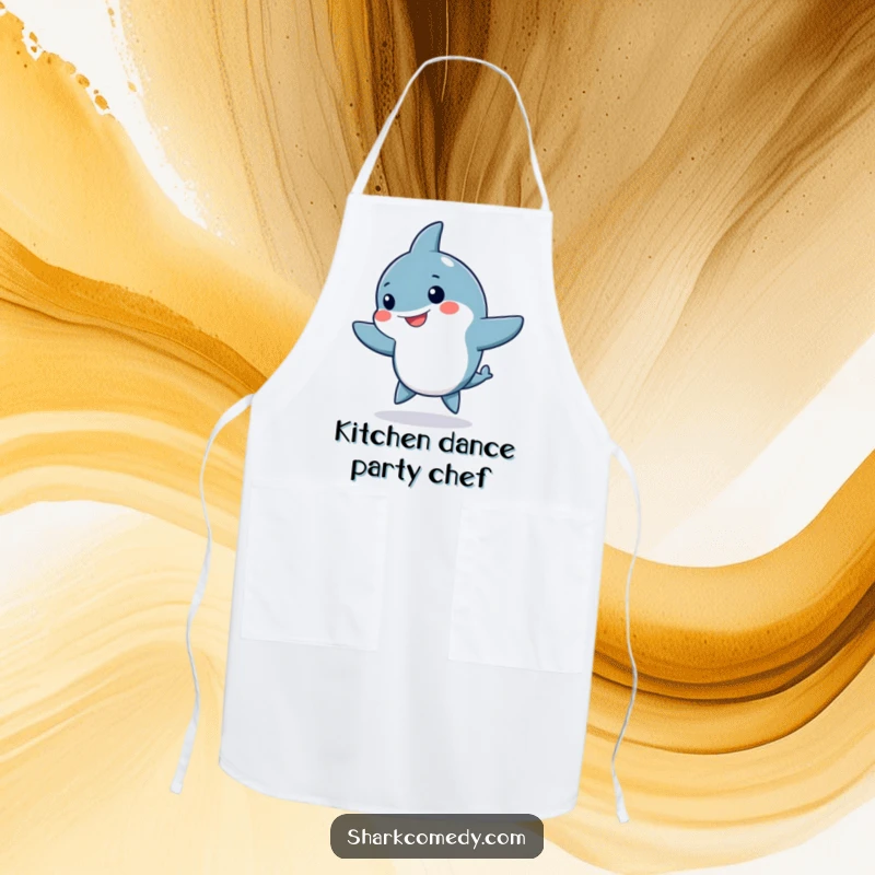 Funny Kawaii shark apron, a cute shark doing a silly dance with fins waving, perfect for adding kitchen humor.