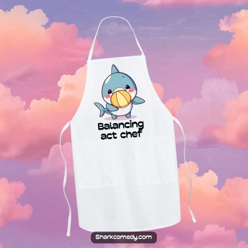 Funny kawaii shark apron featuring a cute shark balancing a beach ball on its nose, ready for kitchen adventures with flair.