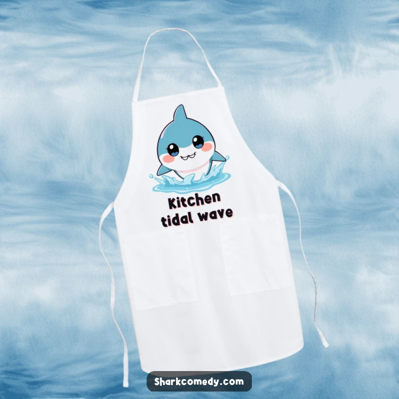 Funny kawaii shark apron featuring big, curious eyes, prepared to splash water, ideal for kitchen use and as a humorous gift.