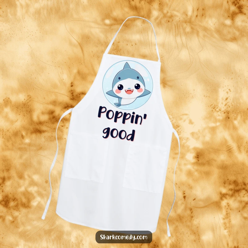 Funny kawaii shark peeking out from behind a large bubble on a cooking apron, ideal for a playful kitchen experience.