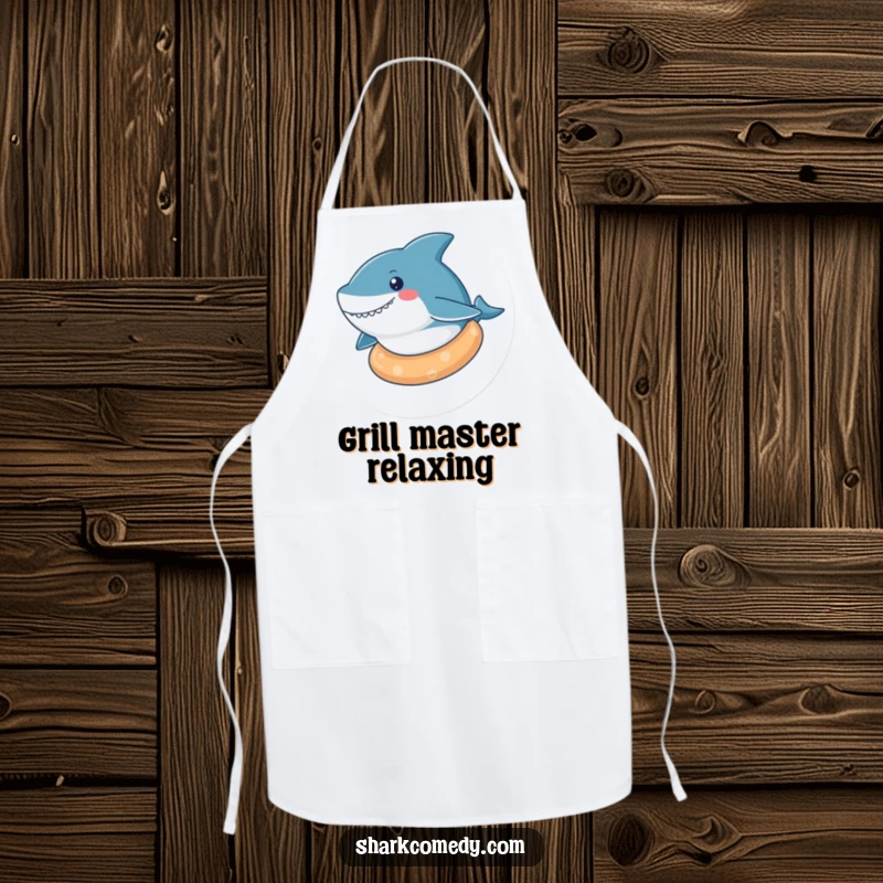 Funny kawaii shark apron featuring a cute shark floating on a rubber ring, bringing a relaxed and fun vibe to the kitchen.