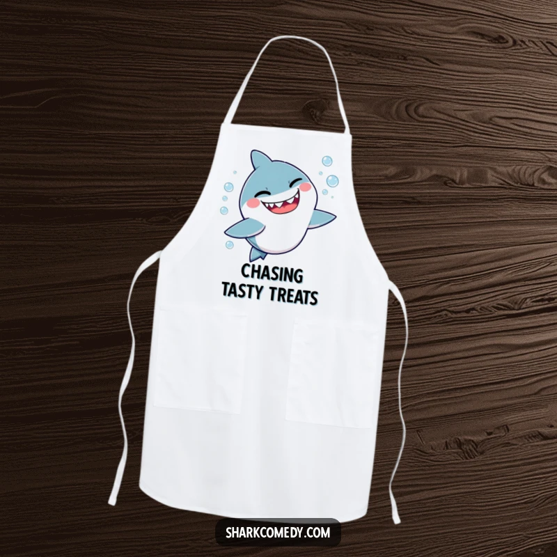 Funny apron showcasing a cute, kawaii shark winking playfully while chasing bubbles, designed for kitchen use and adding mischief.