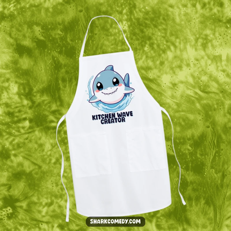 Funny shark apron showing a cute character with wide eyes, swimming fast and splashing water, ideal for cooking and kitchen activities with a playful theme.