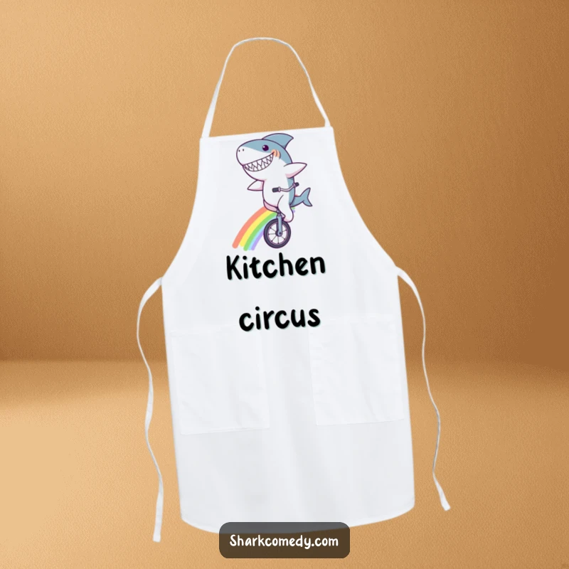 Funny shark character apron, grinning widely while riding a unicycle on a rainbow, a humorous and functional kitchen accessory for culinary artists.