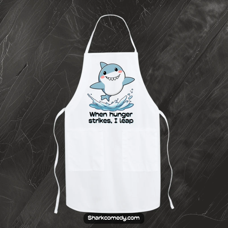 Funny apron showing a little shark energetically leaping out of the water with a surprised grin, great for kitchen fun.