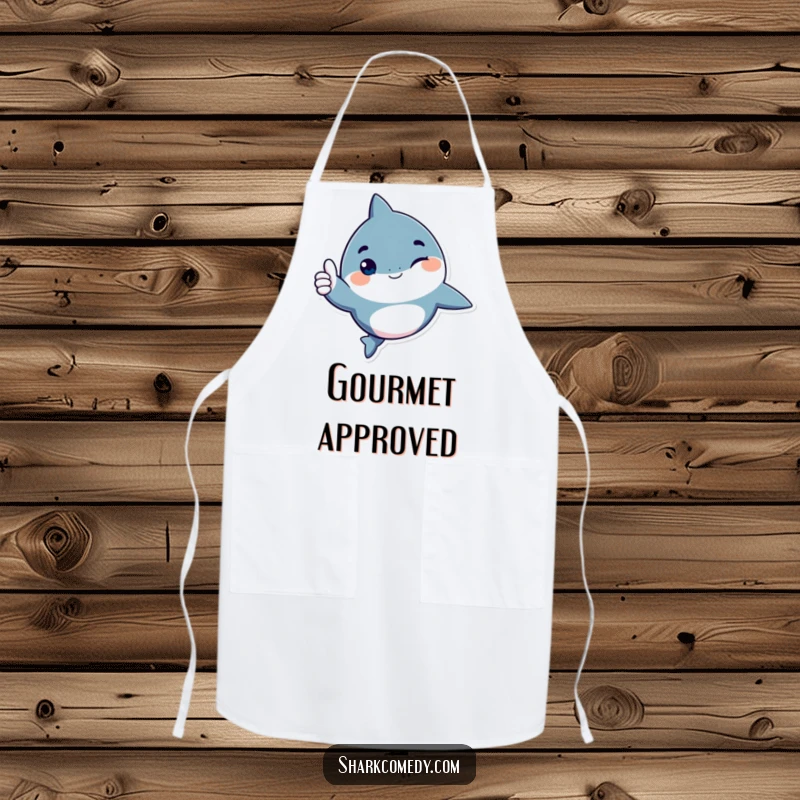 Funny shark character apron, giving a playful wink and a thumbs up, a humorous and functional kitchen accessory for spreading cheer.