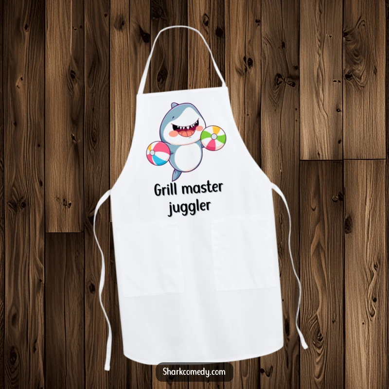 Funny shark juggling beach balls, printed on a kitchen apron, making cooking and grilling more amusing.