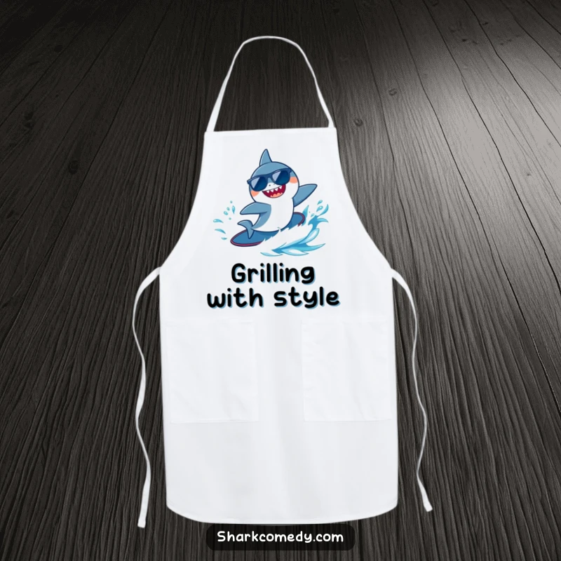 Funny tiny shark wearing sunglasses, joyfully surfing a blue wave, featured on a kitchen apron for a cool cooking experience.