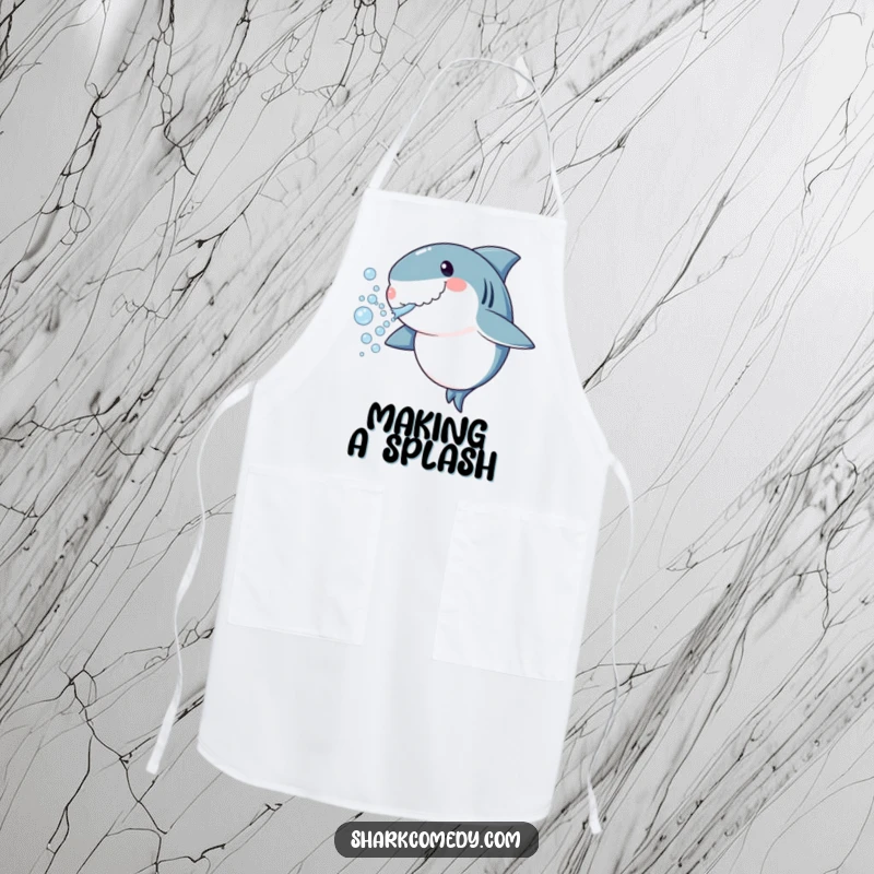 Funny shark apron blowing bubbles, playful kitchen accessory, ideal for chefs and a great funny gift.