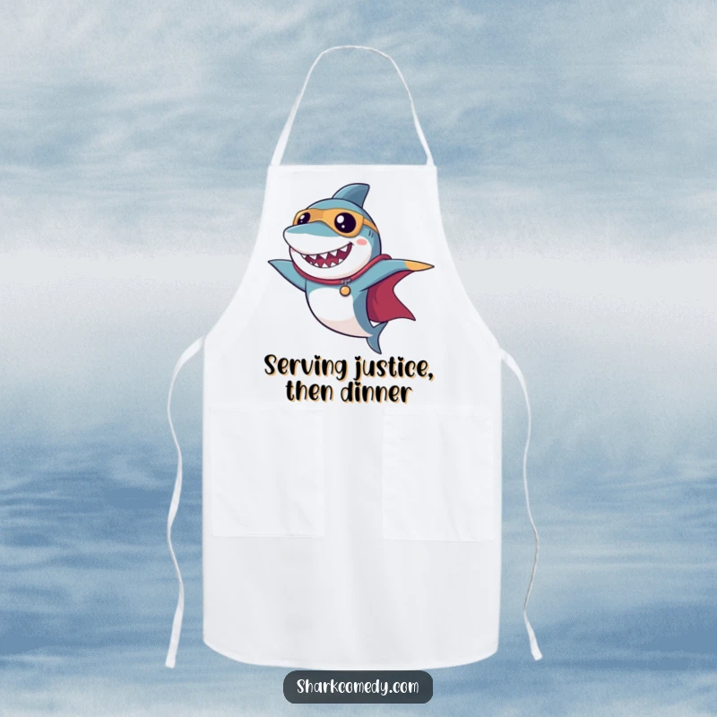 Funny superhero shark apron with a dramatic cape pose, perfect for chefs who want to cook with heroic and humorous style.
