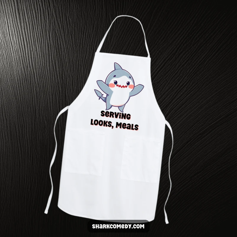 Funny apron showing a happy shark doing a silly dance with arms waving, ready to create kitchen chaos and culinary delights.
