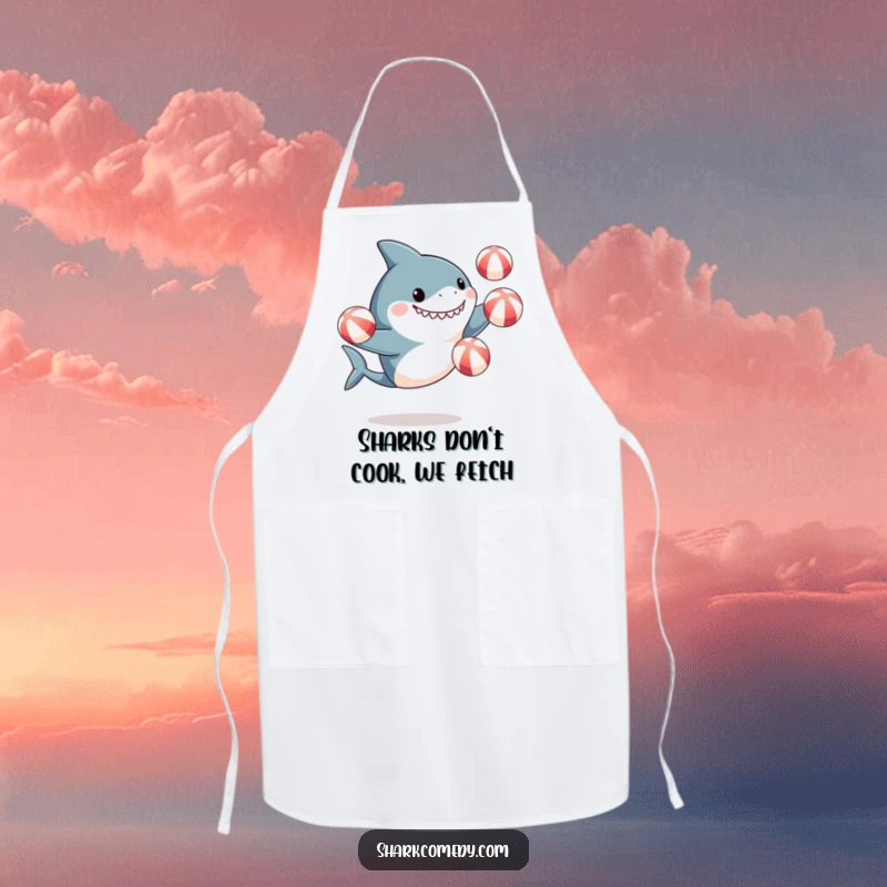 Funny apron showing a cute shark excitedly juggling beach balls, perfect for adding playful splashes of humor to the kitchen.