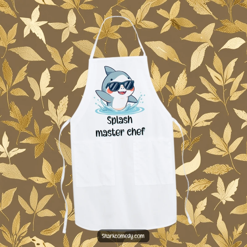 Funny Shark Sunglasses Apron showing a cool shark in shades, playfully splashing water, adding humor to kitchen tasks.