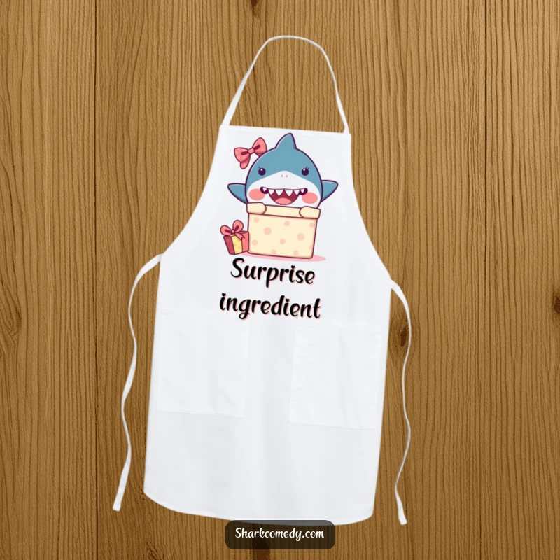 Funny kawaii shark apron featuring a shark peeking from a gift box with surprise, ideal for kitchen use and humorous gifting.