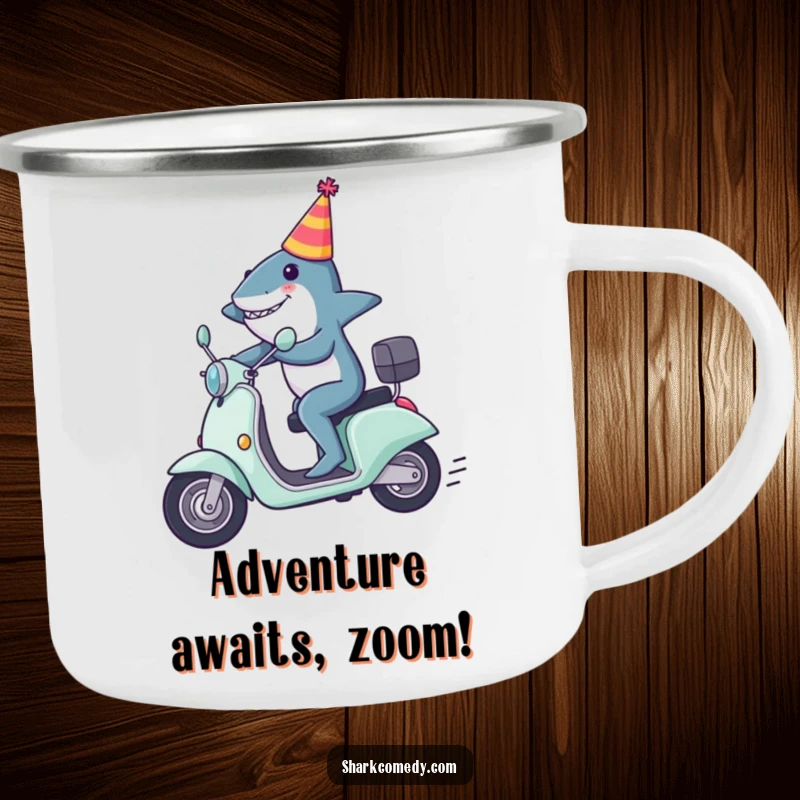 Funny shark camping mug with a shark in a party hat zooming on a scooter, perfect for enjoying beverages on the go.