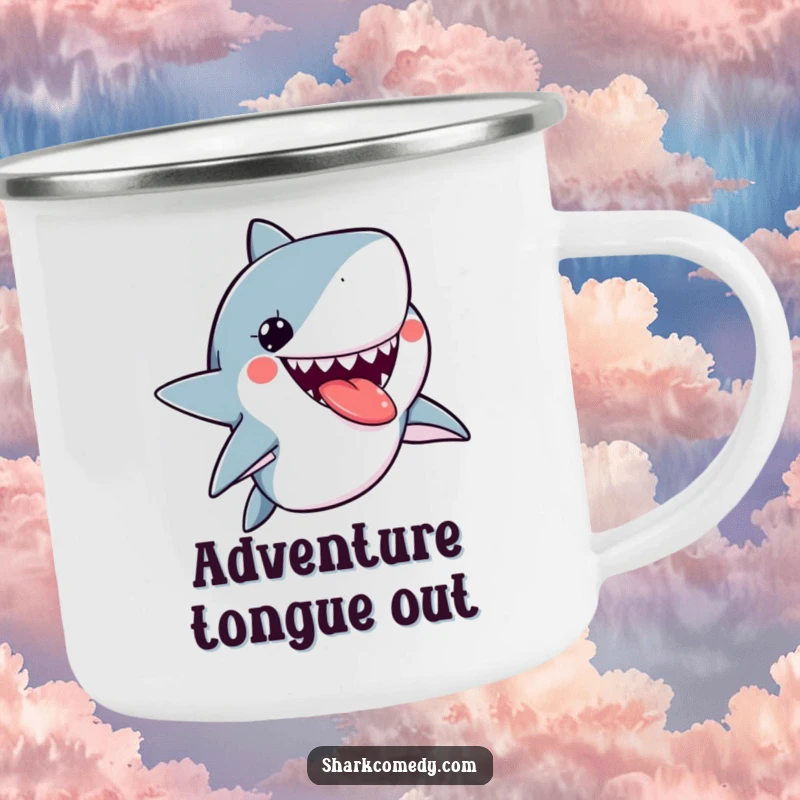 Funny kawaii shark camping mug featuring a cute shark sticking its tongue out playfully, ready for any outdoor escapade.