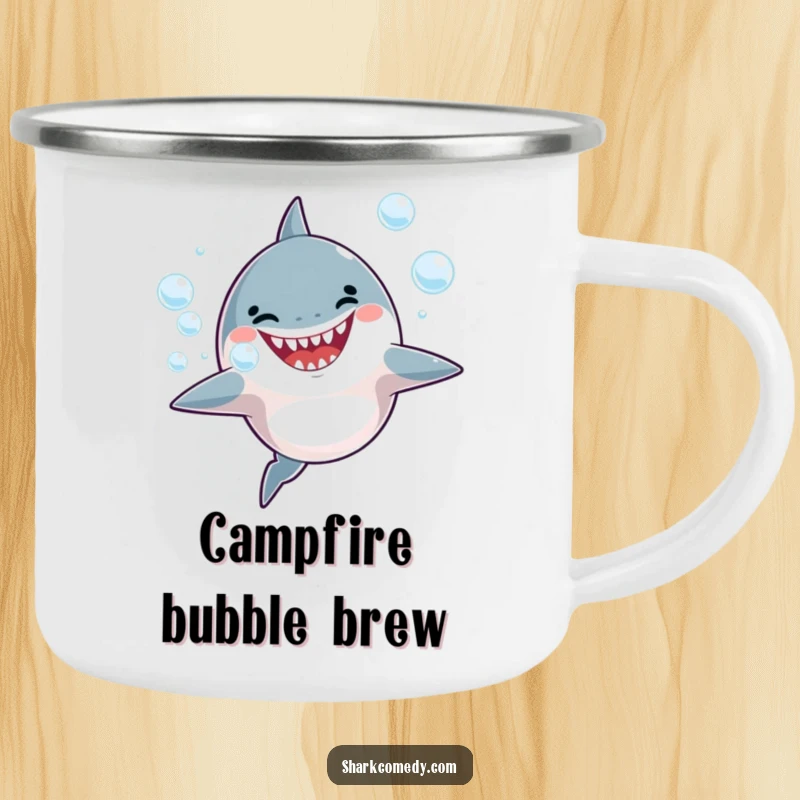 Funny Camping Mug with a joyful shark blowing bubbles, great for outdoor adventures.