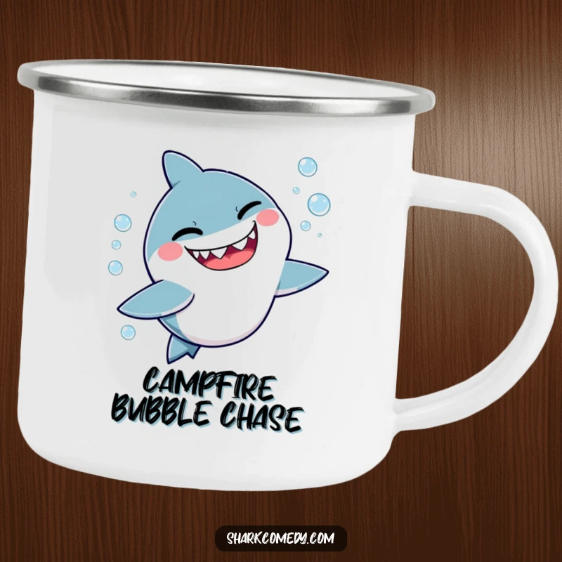 Funny camping mug depicting a kawaii shark winking playfully while chasing bubbles, perfect for outdoor use and a mischievous vibe.