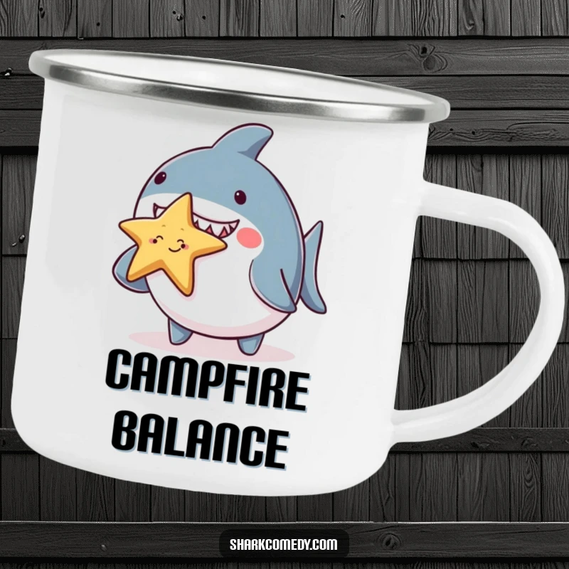 Funny chubby shark character camping mug, balancing a tiny smiling starfish on its nose, a cute and humorous mug for outdoor enthusiasts.