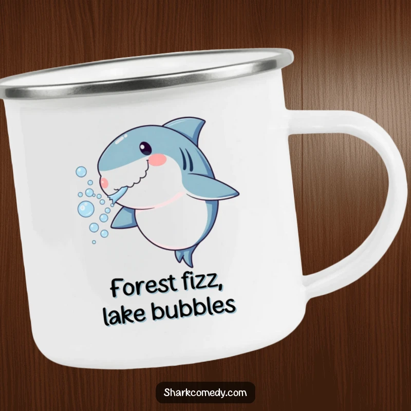 Funny shark camping mug blowing bubbles, durable enamelware with playful ocean theme, ideal hiking funny gift.