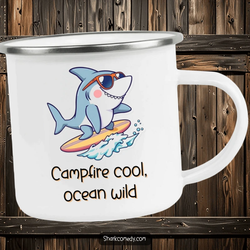 Funny cool shark camping mug showing a shark wearing sunglasses, surfing a tiny surfboard, perfect for bringing beach vibes to outdoor adventures.