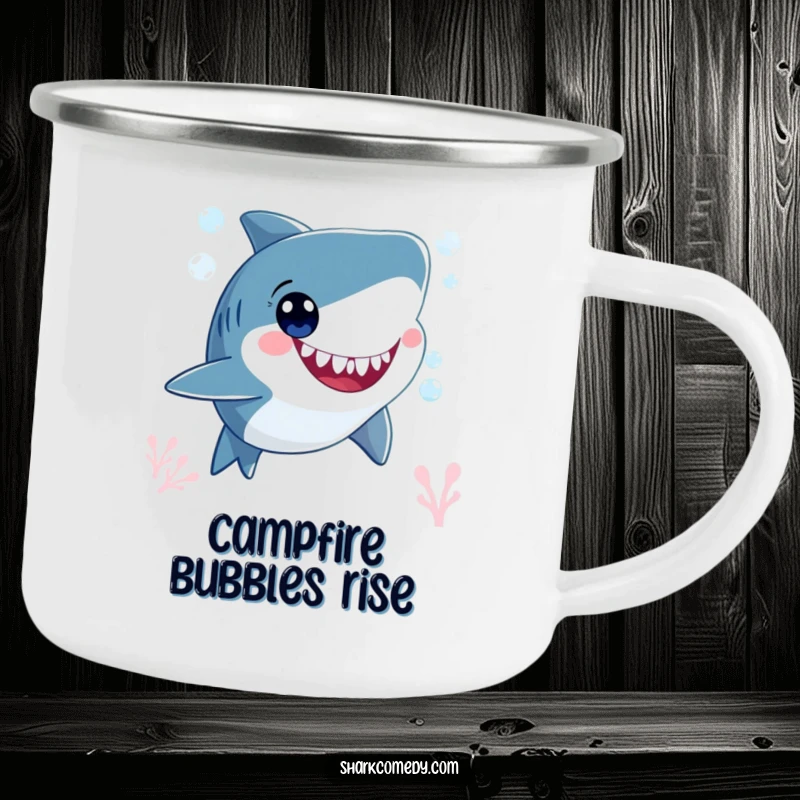 Funny smiling shark character, blowing bubbles underwater with wide, happy eyes, featured on a durable camping mug.