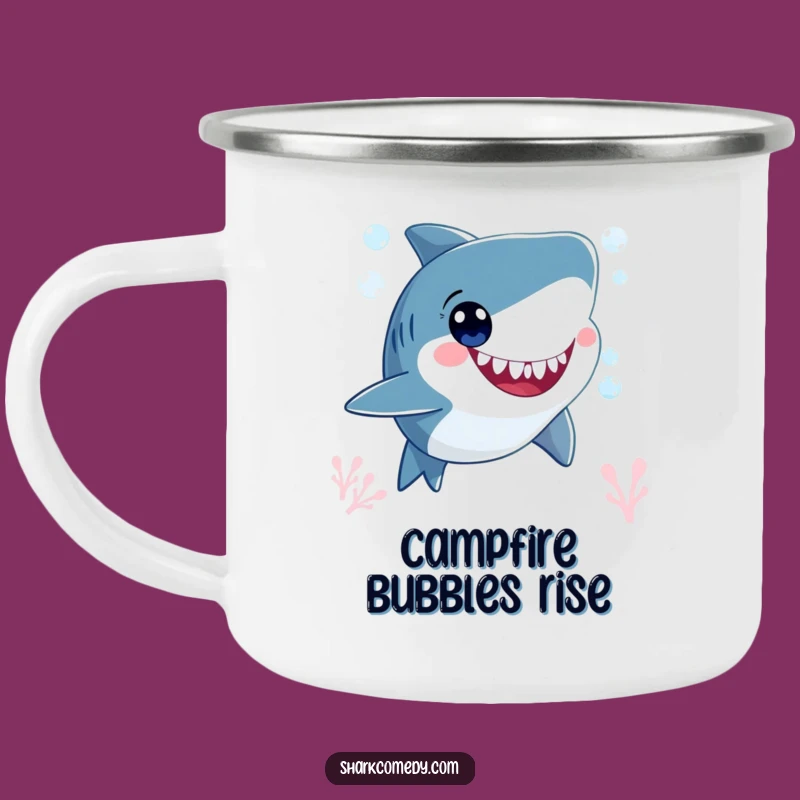 Funny Happy Shark Bubbles Camping Mug - Wide-Eyed Enamel Cup Gift