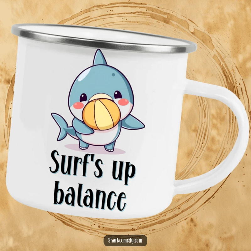 Funny kawaii shark camping mug depicting a cute shark balancing a beach ball on its nose, ideal for outdoor fun.