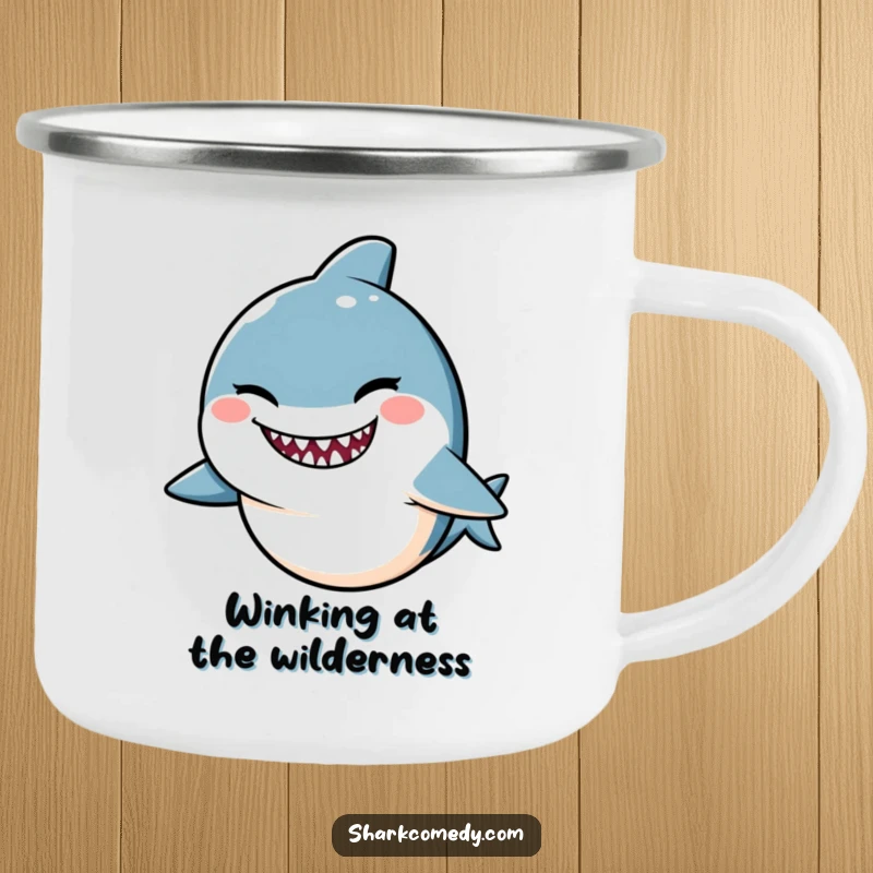 Funny Kawaii shark camping mug, a cute shark winking with a mischievous smile, perfect for humorous outdoor moments.