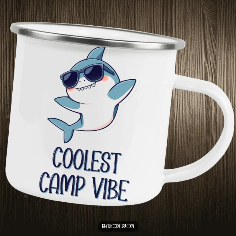 Funny camping mug featuring a kawaii shark wearing sunglasses, doing a playful flip, ideal for outdoor adventures.