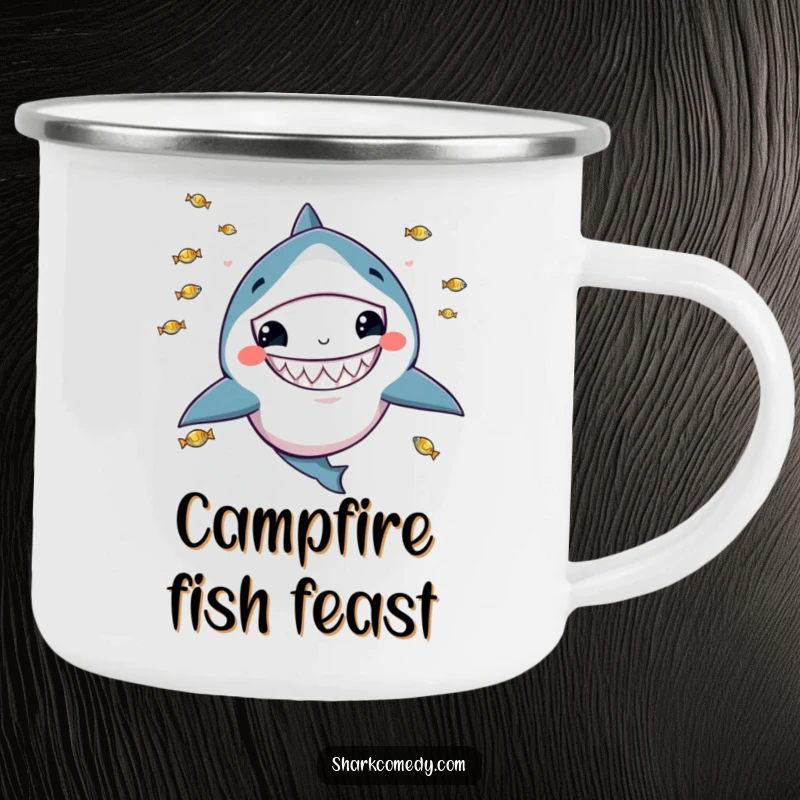 Funny camping mug featuring a kawaii shark with a wide grin, juggling tiny fish, ideal for outdoor fun.