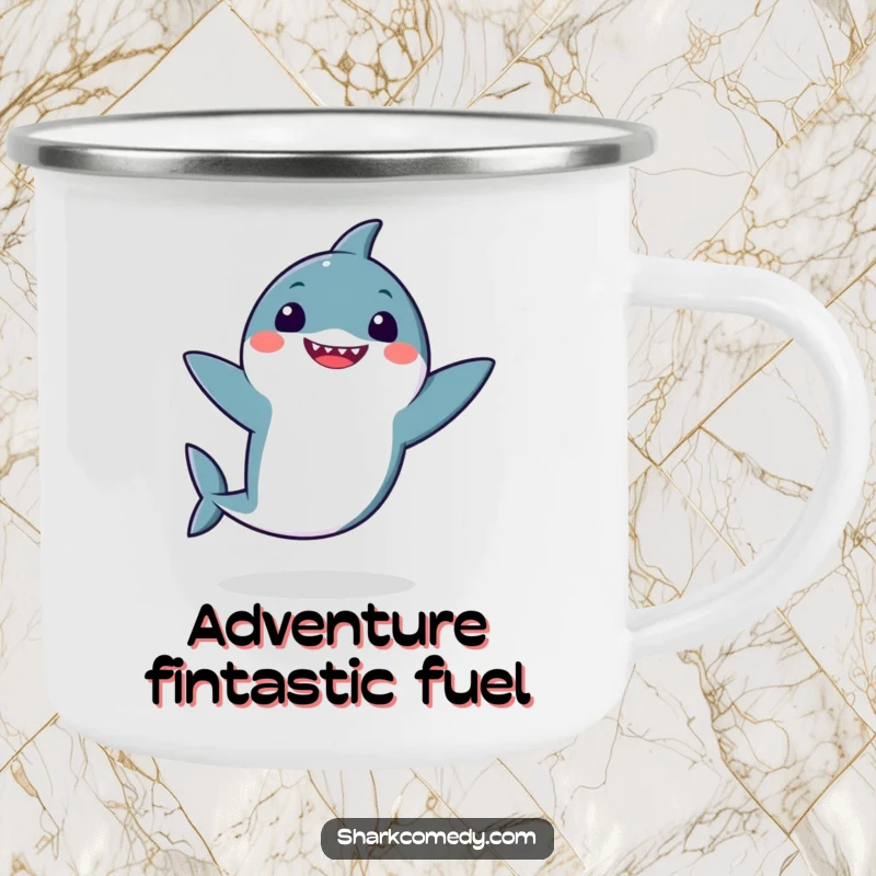 Funny kawaii shark doing a silly dance with fins flapping on a rugged camping mug, ready for outdoor adventures and cheerful moments.