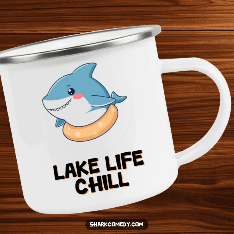 Funny kawaii shark camping mug featuring a cute shark floating on a rubber ring, perfect for relaxed outdoor enjoyment.