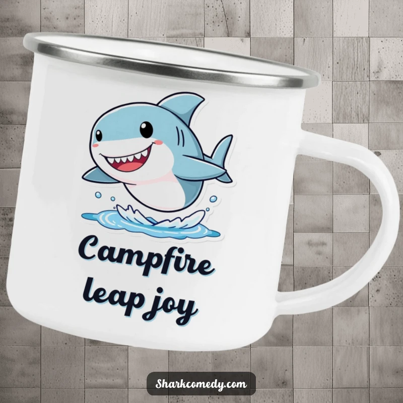 Funny shark camping mug showing a small character with an oversized head, joyfully leaping out of the water, perfect for enjoying drinks during outdoor activities.