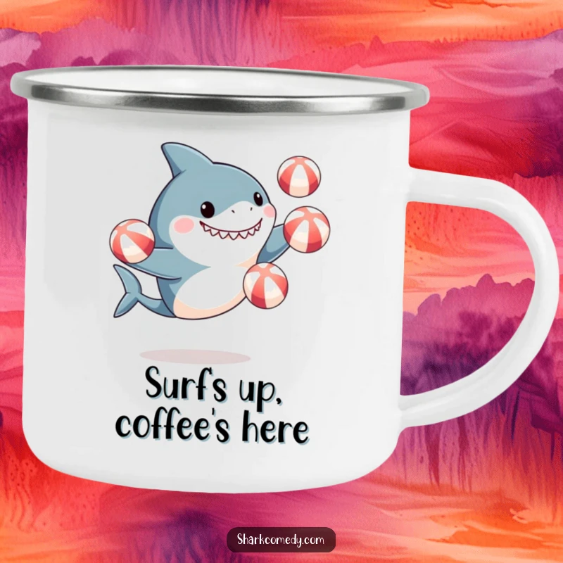 Funny camping mug showing a cute, excited shark juggling beach balls, perfect for enjoying beverages on any adventure.