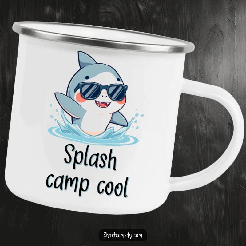 Funny Shark Sunglasses Camping Mug showing a cool shark in shades, playfully splashing water, perfect for enjoying drinks outdoors.
