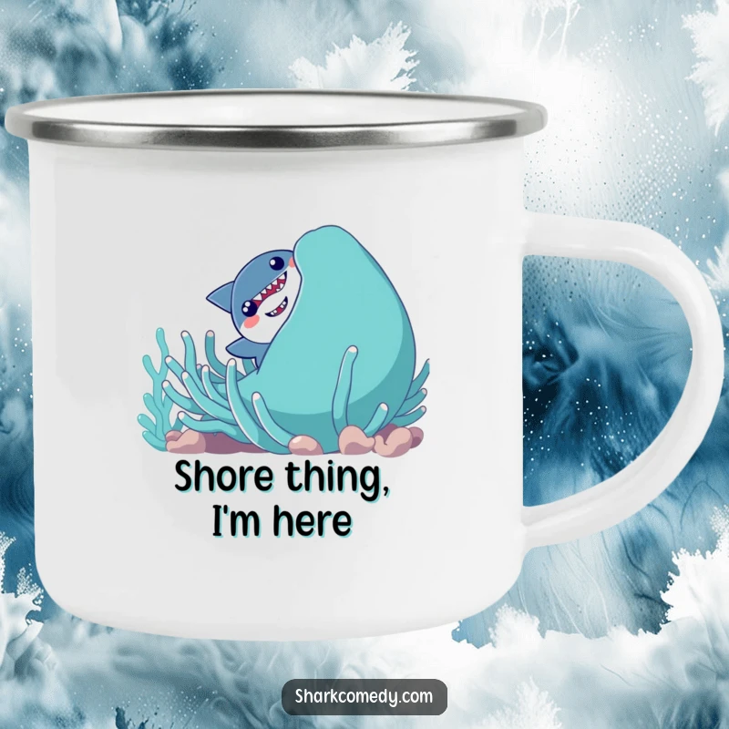 Funny shy shark peeking out from a giant, smiling sea anemone, printed on a durable enamel camping mug.