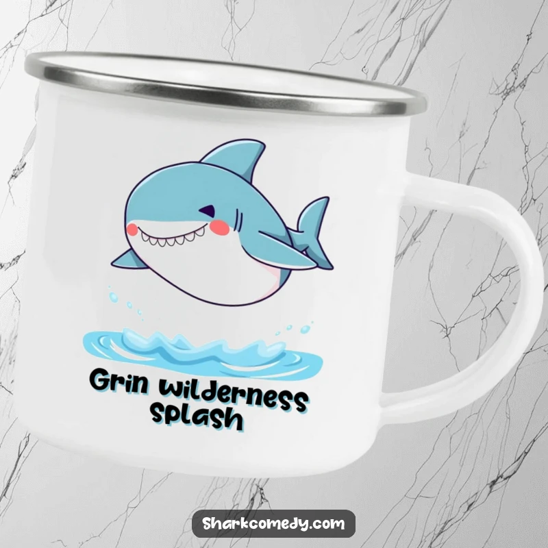 Funny Small Shark Camping Mug showing a small shark with a silly grin, leaping out of the water, perfect for outdoor enjoyment.