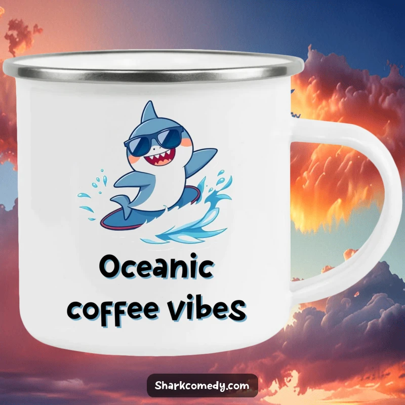 Funny tiny shark wearing sunglasses, joyfully surfing a blue wave, featured on a durable camping mug.