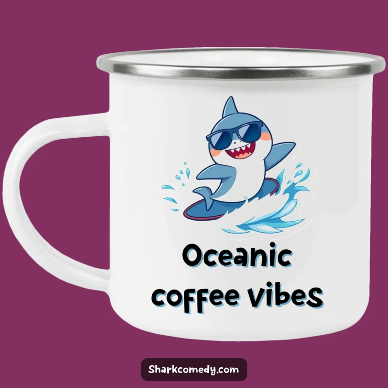 Funny Surfing Shark Camping Mug - Cool Sunglasses Enamel Cup Gift