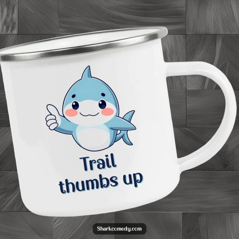 Funny Camping Mug with a rosy-cheeked shark giving a thumbs up, great for outdoor approval.