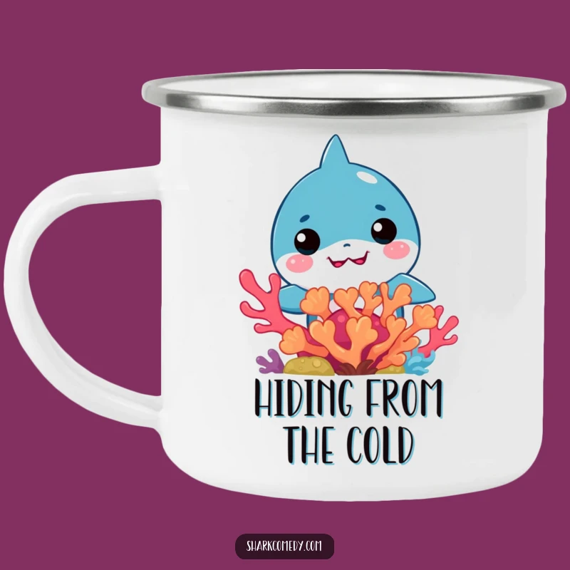 Funny Kawaii Shark Coral Peek Enamel Mug: Sip Your Coffee with a Smile!